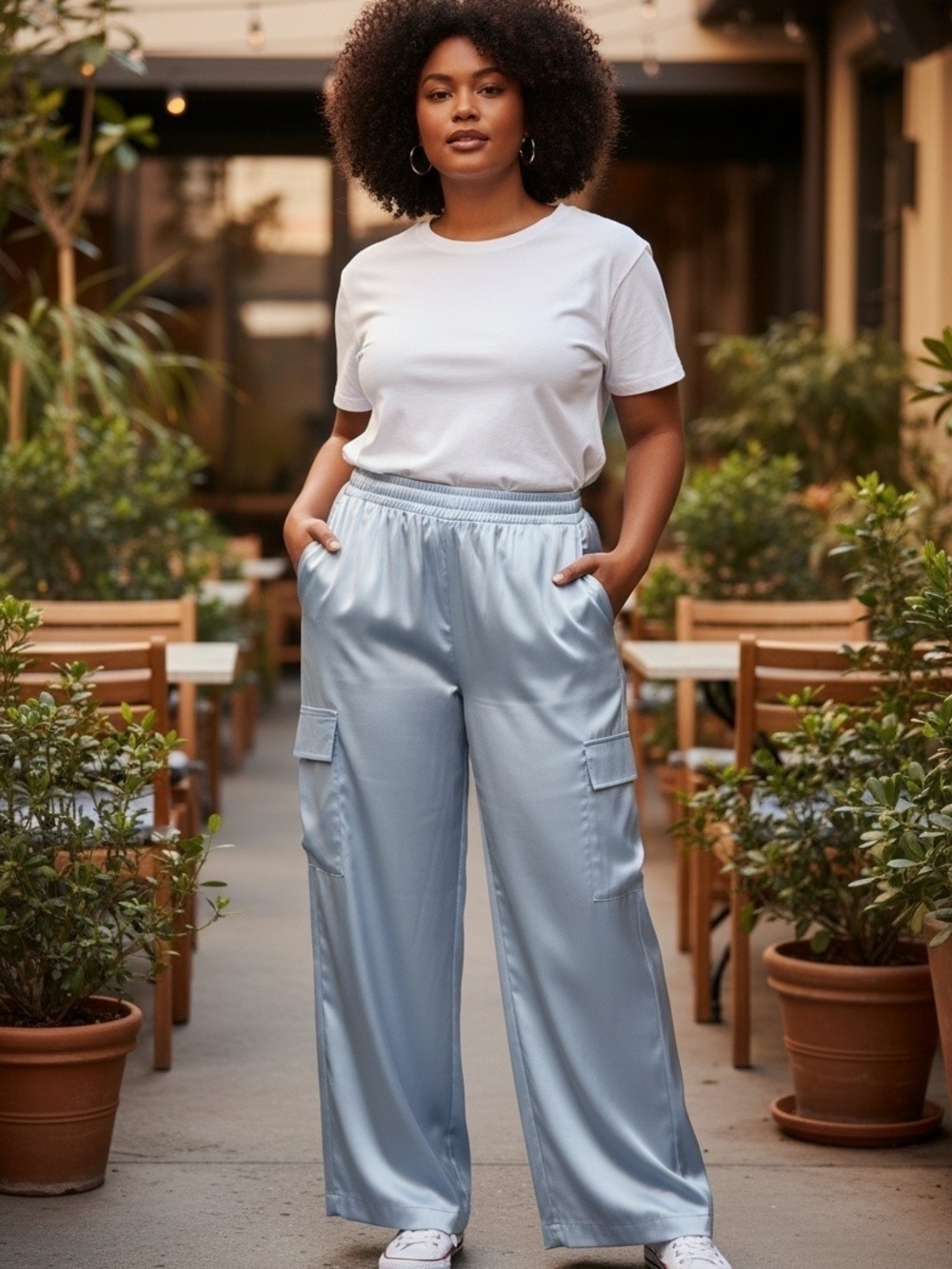 Zaful Light Blue Satin Wide-Leg Cargo Pants